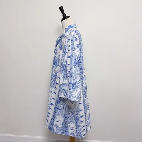 Tuckernuck Blue White Safari Toile 3/4 Sleeve Tie Neck A Line Mini Dress Large