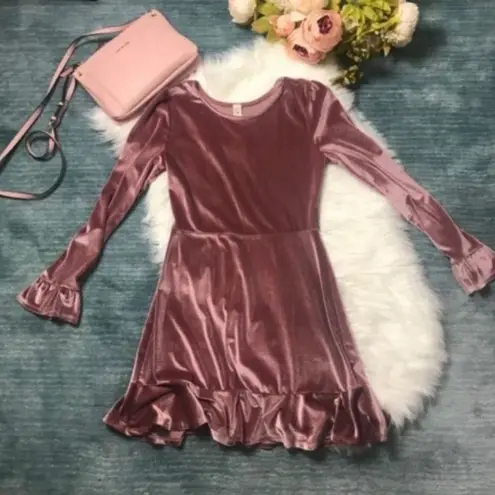 Lazy sundays Bell Sleeve Pink Velvet Ruffle Dress