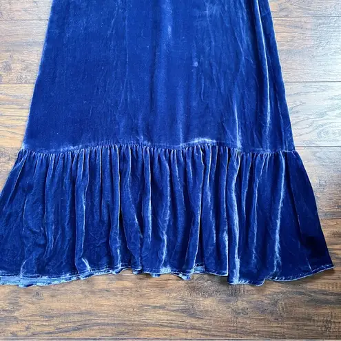Reformation  • Suzanne Dress blue silk velvet Danube midi puff sleeve ruffle hem