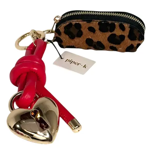 Piper K Leopard Print Mini Coin Purse Handbag Charm Gold Key Ring Heart Red Rope Brown