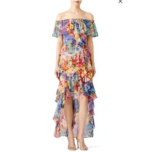 Badgley Mischka Multi Floral High Low Flowy Tiered Maxi Dress