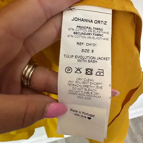 Johanna Ortiz Tulip Evolution Ruffle Shoulder Stretch Poplin Wrap Jacket Dress 8 Yellow