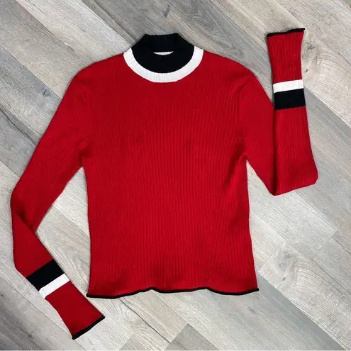 ZARA  Mock Neck Ribbed Knit Pullover Shirt Red Black Small Long Sleeve