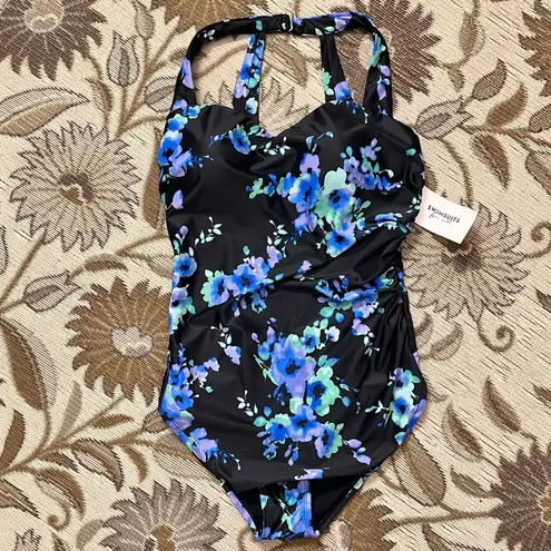 Swimsuits for All Sarong Front One Piece Swimsuit Blue Floral 12 New