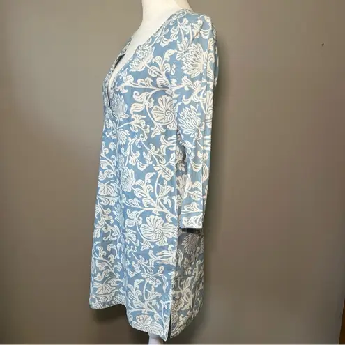 Faherty Cotton Floral Dress Tunic Chambray Blue White Size Medium Swim Coverup