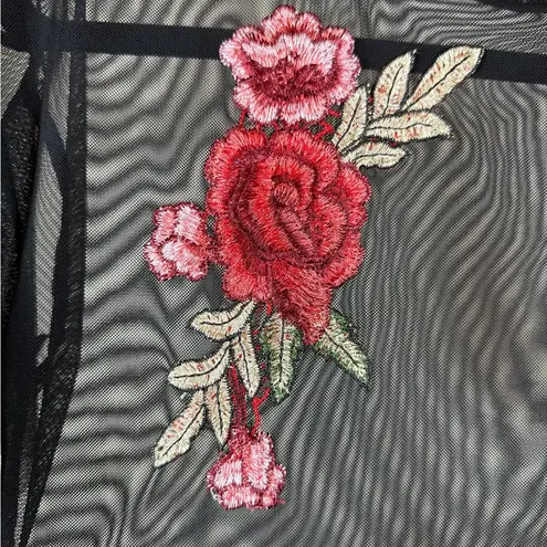 Sheer Black Mesh Peplum Top Red Rose Embroidery Roses Fairygoth Whimsigoth Small