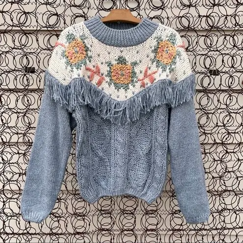 VTG 90s Ivy Club Classics pastel knit fringe floral needlepoint style sweater Blue Size L