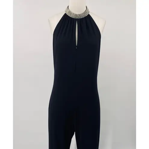 Vintage 90s Jumpsuit Embellished Rhinestone Choker Keyhole Neck Flared Leg Black Size M