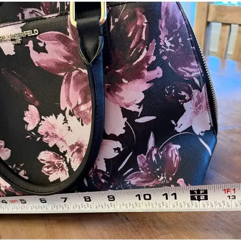 Karl Lagerfeld Paris Zip Top Tote Bag Satchel Black with Pink Flowers