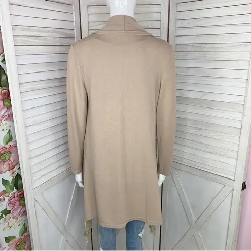 Boho Fringe Hem Waterfall Cardigan Knit Khaki Tan Small Open Front Long Sleeve