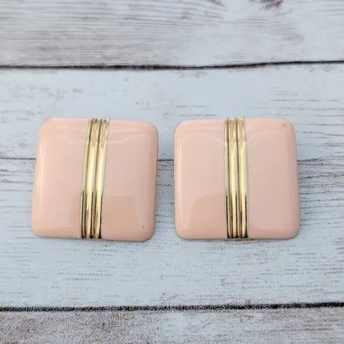 Vintage Stud Earrings Dusky Retro Peachy Pink Square with Gold Tone 1"