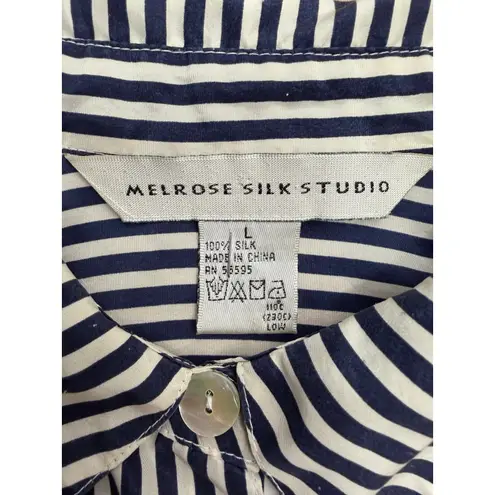 Melrose Silk Studio 100% Silk Striped Button Down Shirt Women's L Navy Blue Size L
