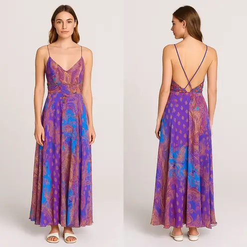 Issue Silk Beaded Paisley Maxi Dress Boho Evening Gown Open Back 90s Y2K Size 8