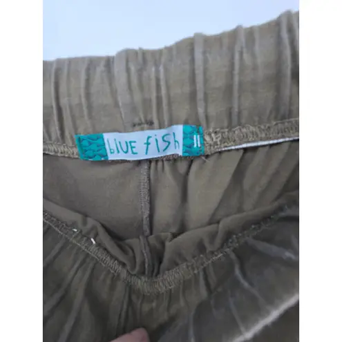 Blue Fish Women's Olive Green Wide Leg Pants Boho Art Print Pockets Size 2