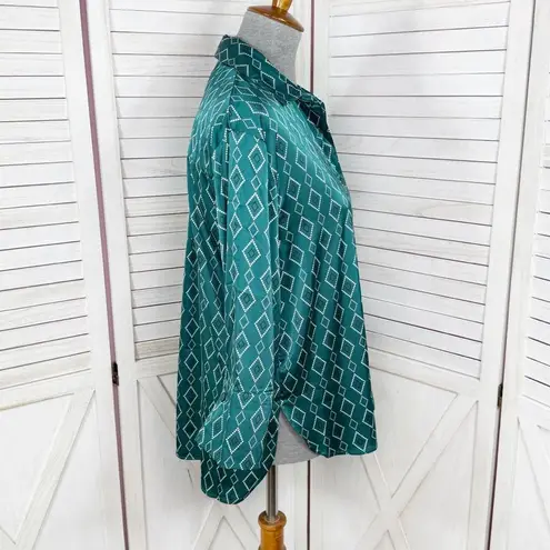 Como Black Satin Diamond Print Button Up Shirt Blouse Teal Green Small