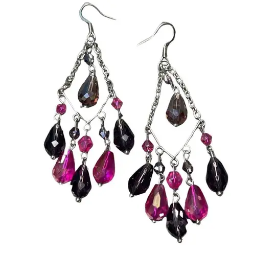 Pink & Purple Crystal Chandelier Drop Earrings French Hooks Pierced Ears Women Purple