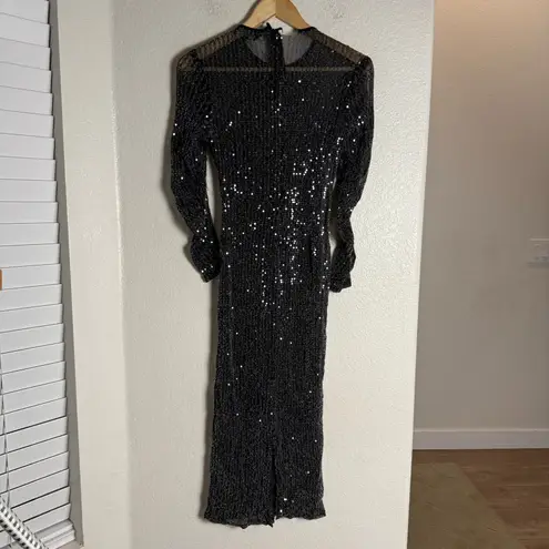 Rachel Roy Charcoal Silver Sequined Long Sleeve Cocktail Party Midi Dress Sz XS Black