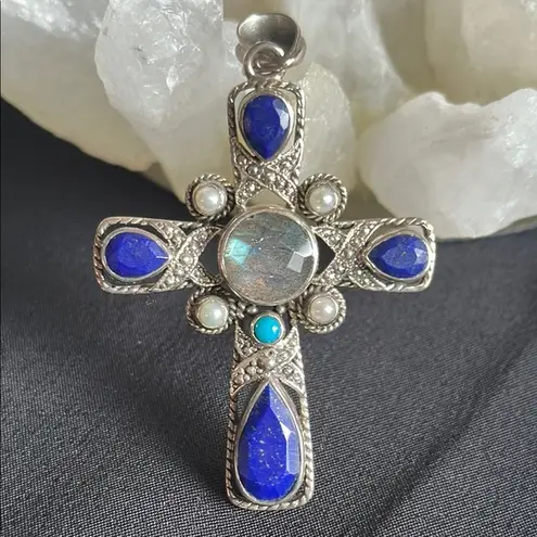 Nicky Butler NWOT labradorite & lapis lazuli cross pendant in 925 sterling Blue