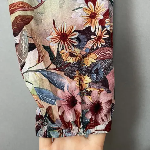 Floral Dress Long Sleeve Scoop Neck Elaborate Pattern Print Sheath Leafy Women Pink Size XXS