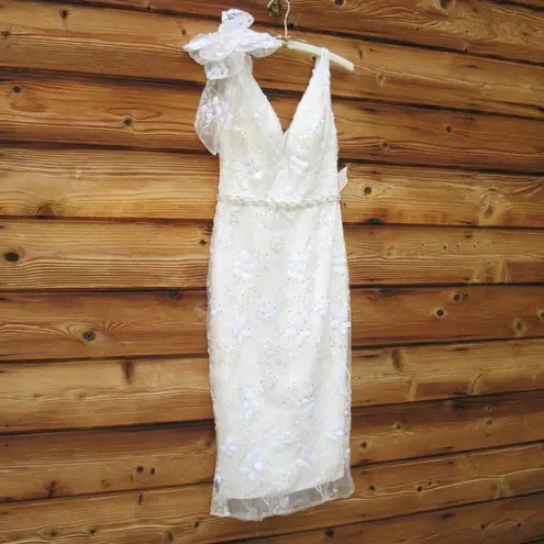 Mac Duggal 79337 Womens White FLORAL EMBELLISHED V-NECK MIDI DRESS SHOULDER BOW