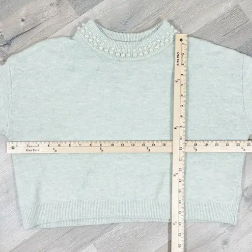 H&M  Faux Pearl Beaded Neck Crop Sweater Mint Green Medium Long Sleeve