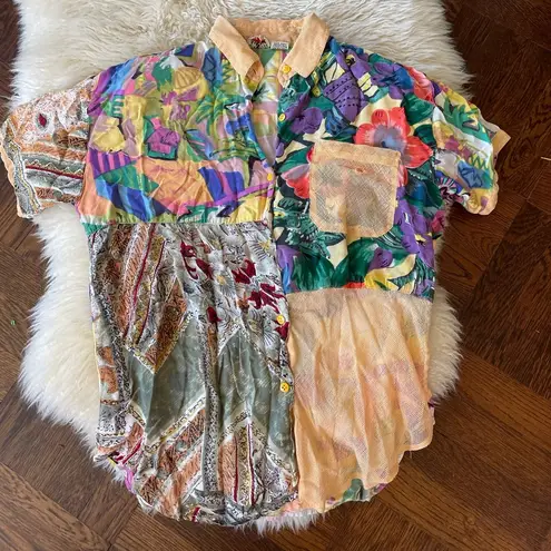 70s vintage psychedelic Colorful Patchwork women's Shirt After All mesh Orange Size M