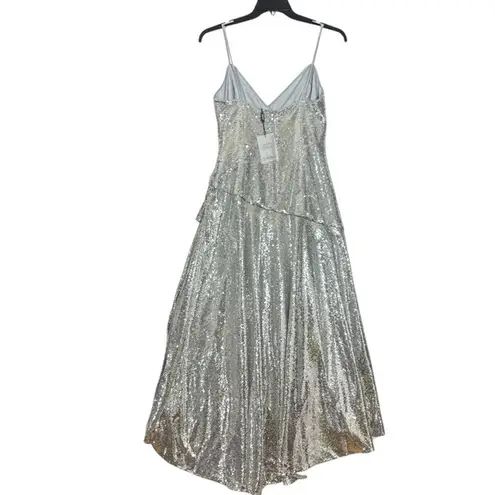 Bardot Silver Sequin Ruched High Slit Maxi Dress Formal Evening Gown