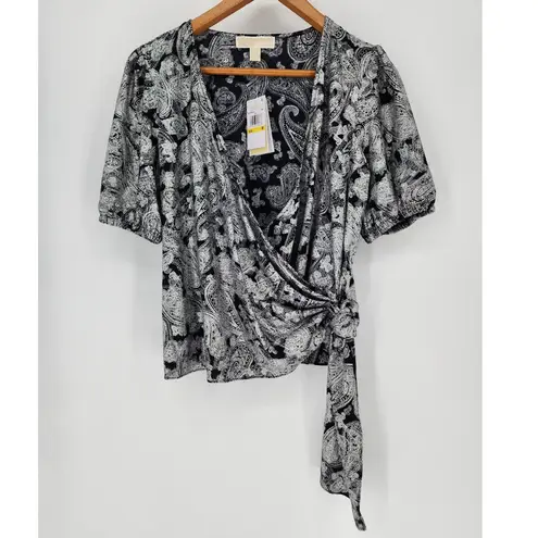 Michael Michael Kors Black & Silver Faux Wrap Blouse Women's Size Medium