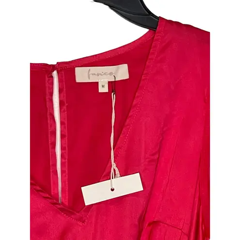 Fanco Women Romper Sheer V Neck Lace Long Sleeve Tie Waist Red Sz. Medium NWT