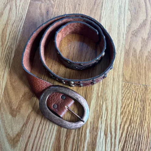 VTG Leatherock USA Brown Leather Studded Rhinestone Belt Rose Gold 31"