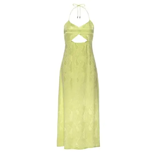 AFRM Radish Dress in Lime Green Snake Jacquard Midi Halter Front Cutout Slip NWT
