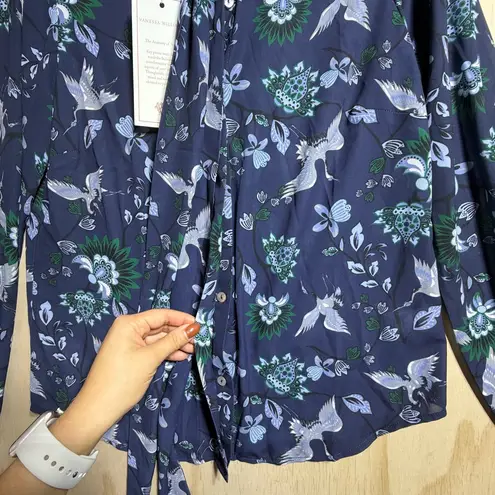 Vanessa Williams Bow Blouse NWT Size Small Blue Crane Floral Print Long Sleeve
