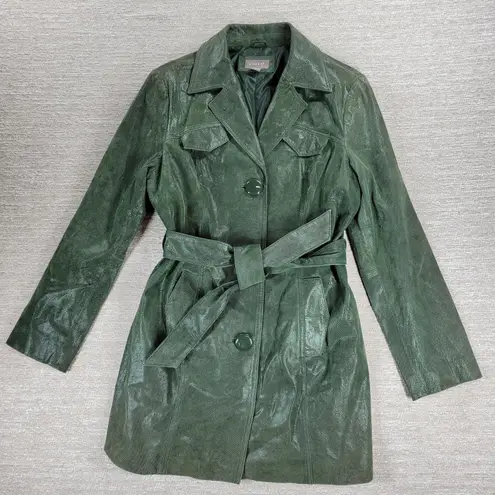 Kenar Green Leather Belted Trench Coat Womens 8 Jacket Liquid Embossed