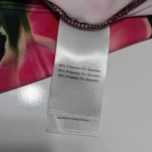 Halston Heritage Halston Floral Printed Blouse Split Sleeve Mock Neck Short Sleeve Black Pink XL