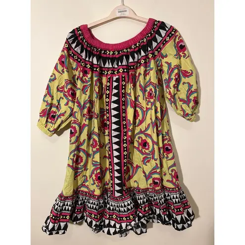 RTR La DoubleJ XS Paloma Yellow Multicolor Print Off Shoulder Shift Midi Dress