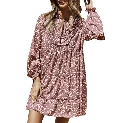 KIRUNDO Blush Mauve Pink Spotted Print Long Sleeve Tie Neck Boho Dress Size S
