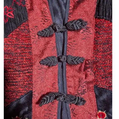 Vtg Y2K Anage Red Black Patchwork Velvet Embroidered Frog Toggle Jacket Sz M Size M