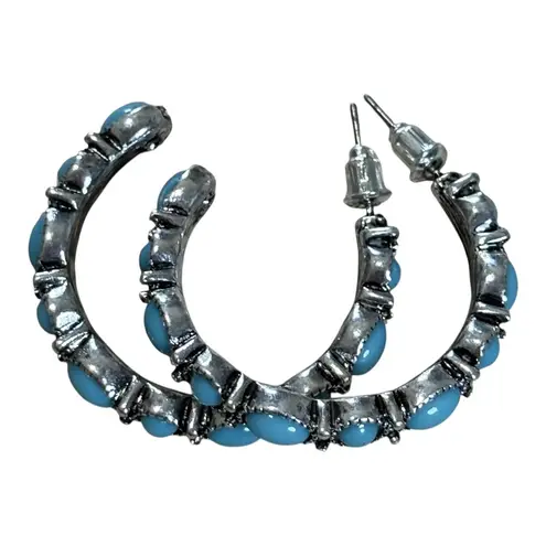 Turquoise Earrings Set 3 Pair Western Style Silver Tone Bull Hoop Dangle New Silver