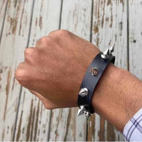 2 PCs faux leather chain spike studded Bracelets — Black