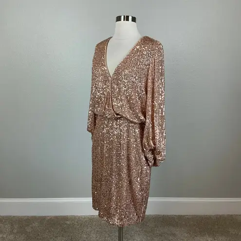 Eliza J Sequined Long Sleeve Cocktail Dress Size 12 Rose Gold V-Neck Sheath