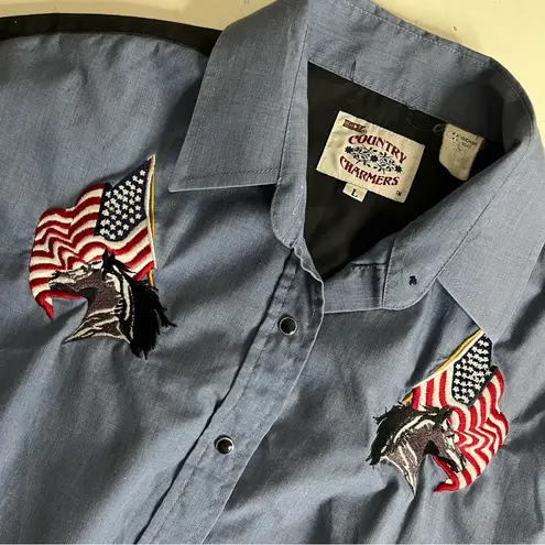 ELY Country Charmers Western Shirt USA Flag Horses Black Snaps Vintage 70’s Blue Size L