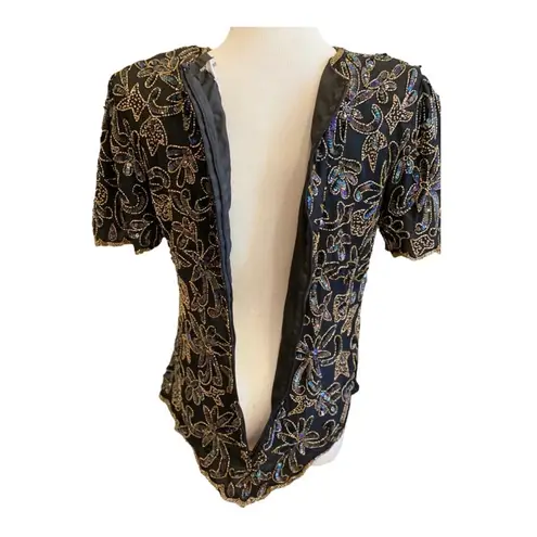 Papell Boutique Vintage Papell Beaded Top Sequin Blouse S Wedding Formal Black Gold