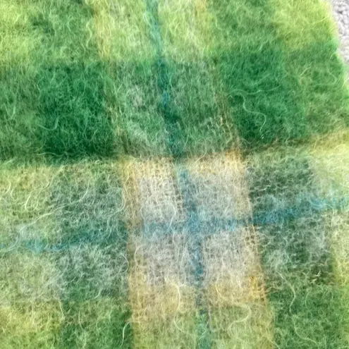 Vintage 60s Green Large Plaid Mohair Wool Scarf by Filene’s Yellow