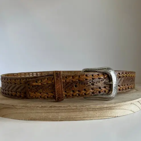 Vintage 90s Western Woven Genuine Leather Silver Buckle Belt Size Medium Brown