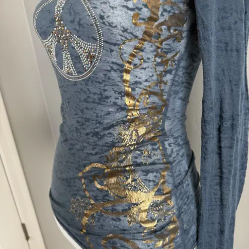 V Christina Y2K Burnout Long Sleeve Top Sz S Rhinestone Peace Sign Graphic Tee Blue