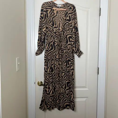 Ganni Tiger Print Wrap Long-Sleeve Maxi Dress Size EU 34 Black & Brown