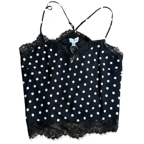 Lucy Paris Lace Trim Cami Tank L Black White Polka Dot Rockabilly Monochrome