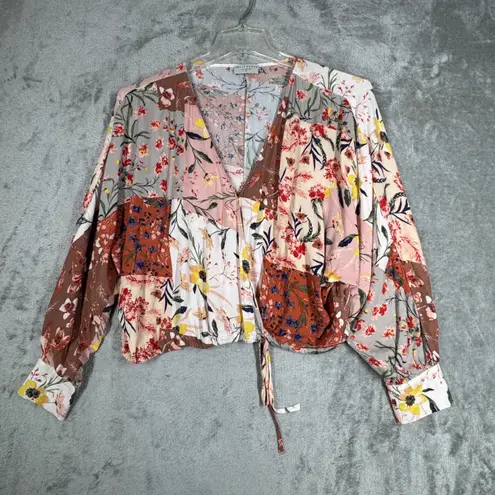 Dress Forum Shirt Floral Blouse Patchwork Long Sleeve Tie Front Top Size M