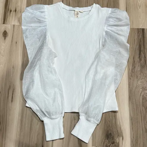 Anthropologie Dolan Sheer Puff Sleeve Ribbed Blouse Top Women’s XL White