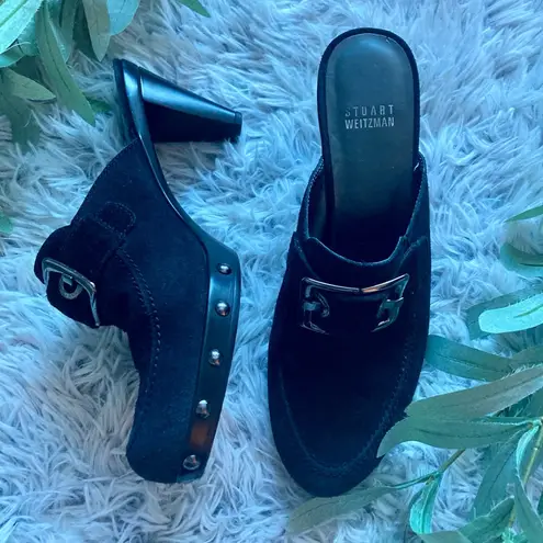 Stuart Weitzman  Studded Black Double Agent Mule Heeled Suede Clogs
